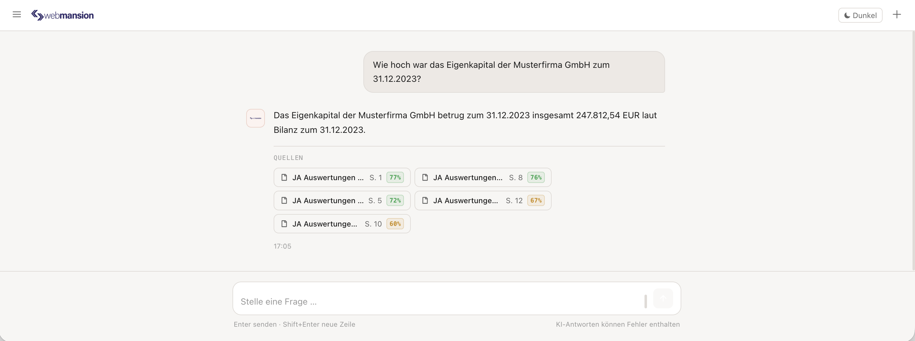 Screenshot der KI-Assistenz mit Quellenangaben